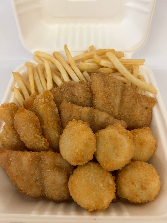 21. Whiting, Scallops (5 pieces), Shrimp (5 pieces), Chips